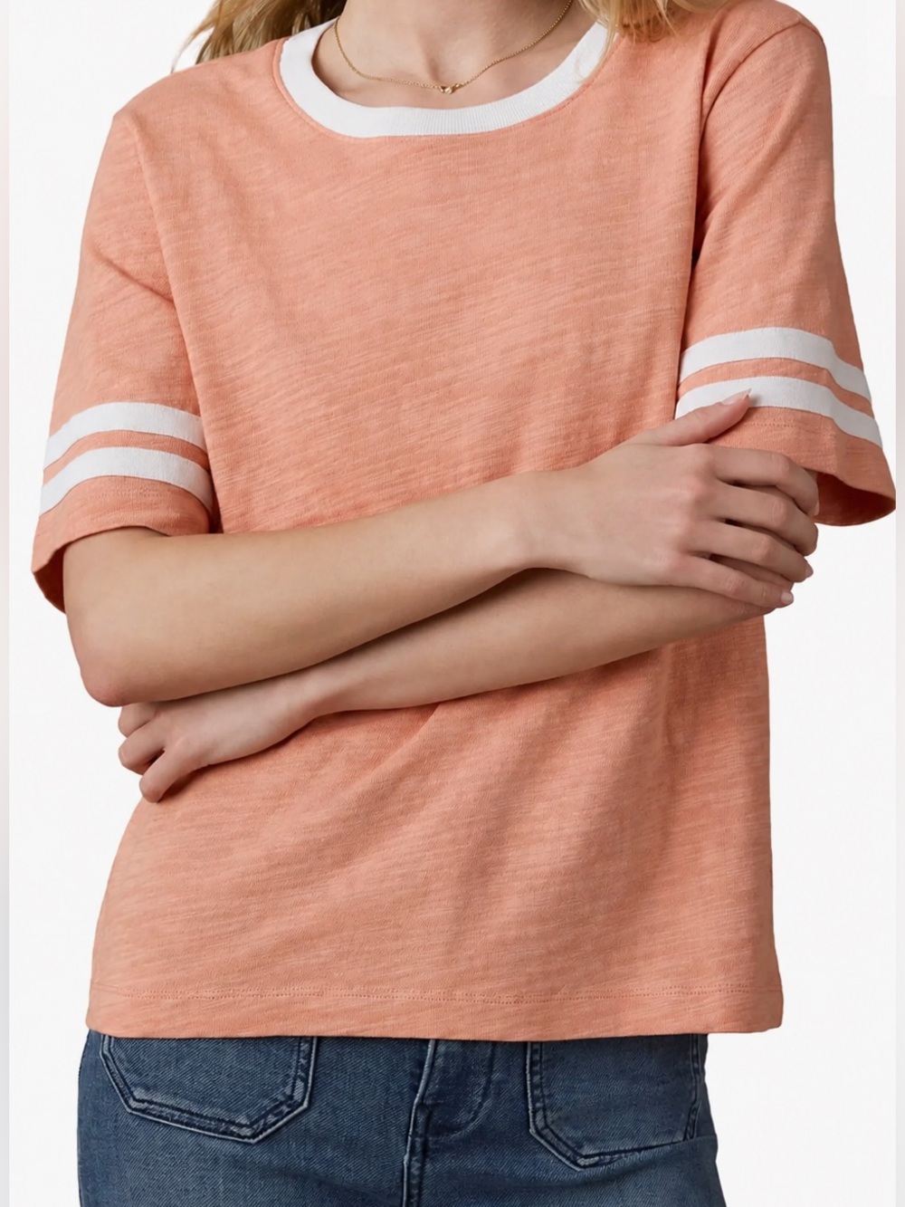 Faherty L Sunwashed Varsity Slub Tee Peach Pink Canyon Sunset Stripe NWOT $88